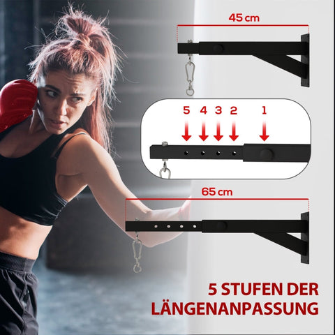 Rootz Punch Bag Holder - Wall Mount - Adjustable Length - Steel Frame - 360° Rotating Hook - Stability - 45-65cm x 12cm x 20cm
