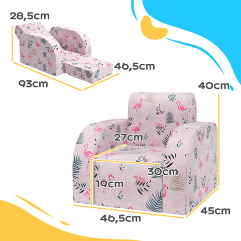 Rootz Kids Flamingo Armchair - Children's Sofa - Transforming Seat - Foldable Bed - Cozy Cover - Portable Design - 46.5cm x 93cm x 28.5cm