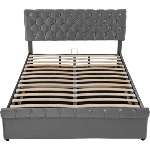 Rootz Upholstered Bed - Velvet Bed Frame - Height Adjustable Headboard - Hydraulic Storage - 223cm x 149cm x 91.5-96.5cm - Gray
