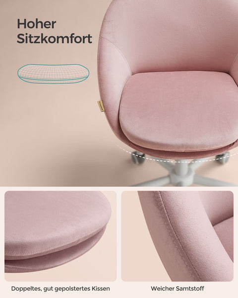 Rootz Swivel Chair - Pastel Pink Velvet Chair - Rolling Chair - Steel Frame - 28 kg/m3 Foam Padding - Adjustable Height - 60cm x 60cm x (80-90)cm