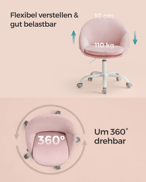 Rootz Swivel Chair - Pastel Pink Velvet Chair - Rolling Chair - Steel Frame - 28 kg/m3 Foam Padding - Adjustable Height - 60cm x 60cm x (80-90)cm