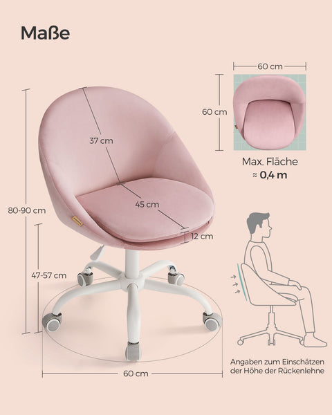 Rootz Swivel Chair - Pastel Pink Velvet Chair - Rolling Chair - Steel Frame - 28 kg/m3 Foam Padding - Adjustable Height - 60cm x 60cm x (80-90)cm