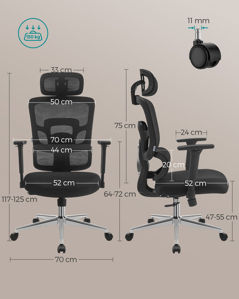 Rootz Ergonomic Office Chair - Ink Black - Steel - PU Leather - Adjustable Height - 70cm x 70cm x (117-125cm) - 150kg Capacity