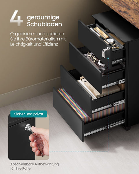 Rootz Rolling Container with 4 Drawers - Storage Cart - Mobile Organizer - Steel Material - 45cm x 39cm x 55cm - Matte Black NdrFc