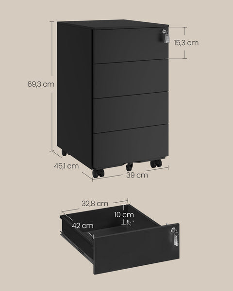 Rootz Rolling Container with 4 Drawers - Storage Cart - Mobile Organizer - Steel Material - 45cm x 39cm x 55cm - Matte Black NdrFc