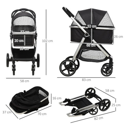 Rootz 2-IN-1 Dog Stroller - Pet Stroller - Dog Stroller with Cushion - Foldable - 1 Storage Basket -  Black - 83cm x 58cm x 102cm