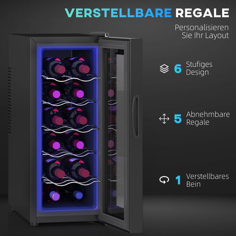 Rootz 12 Bottle Wine Fridge - Drinks Fridge - Beverage Cooler - Energy Efficient - 26.5 cm W x 51.5 cm D x 65 H cm - Touch Screen & LED Light
