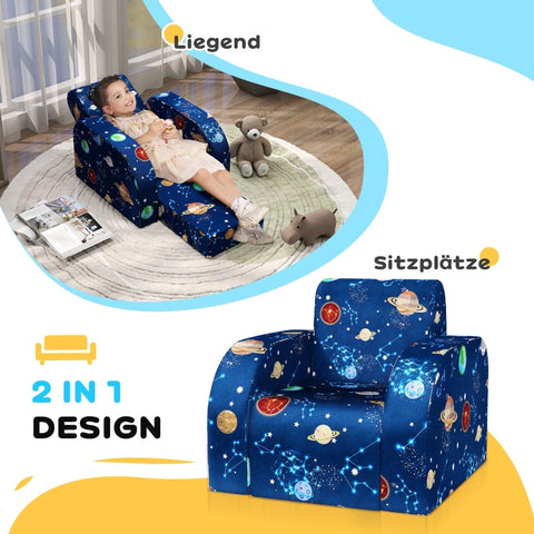 Rootz Kids Foldable Armchair - Children's Sofa - Cozy Bed - Multifunctional - Planet Pattern - Easy to Clean - Blue - Foam/Polyester - 46.5cm x 93cm x 28.5cm