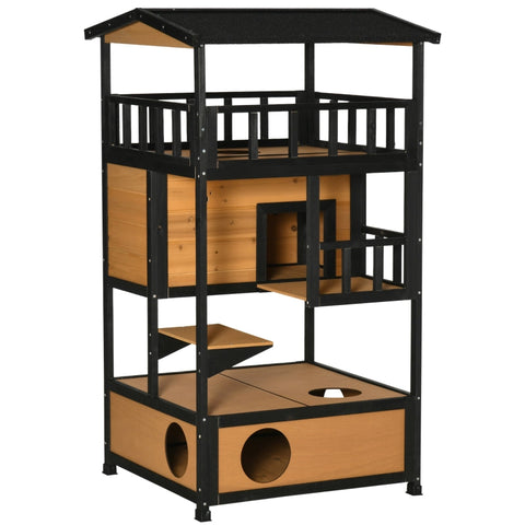 Rootz Outdoor Cat House - Weather Resistant Cat Shelter - Durable Multi-Level Cat Condo - 75.5cm x 75cm x 137cm - Fir Wood & Asphalt Roof - Yellow
