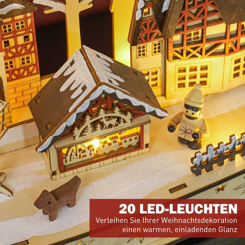 Rootz Christmas Village - Festive Forest Scene - Winter Landscape - 20 LED Lights - Table Mantel Decor - Natural Wood - 45cm x 12cm x 30cm