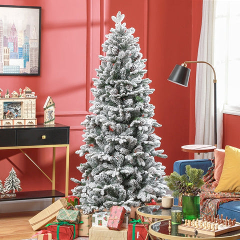 Rootz Artificial Snow Christmas Tree - Indoor Xmas Tree - Pine Cones - Hinged Construction - Flame Retardant - Green - Ø97cm x 180cm