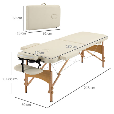 Rootz Folding Massage Table - Portable Massage Bench - Spa Salon Table - Adjustable Height - Beech Wood - 185cm x 60cm x 61-87cm Brown