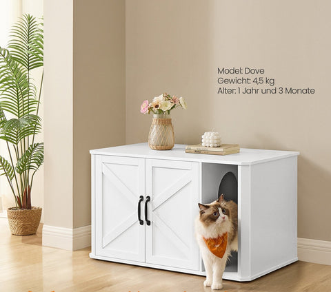 Rootz Cat House - Pet Furniture - Litter Box Cabinet - Chipboard - Double Doors - Cloud White - 85cm x 48.5cm x 50cm
