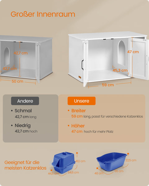 Rootz Cat House - Pet Furniture - Litter Box Cabinet - Chipboard - Double Doors - Cloud White - 85cm x 48.5cm x 50cm