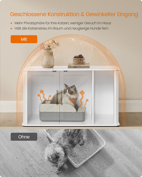 Rootz Cat House - Pet Furniture - Litter Box Cabinet - Chipboard - Double Doors - Cloud White - 85cm x 48.5cm x 50cm