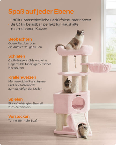 Rootz Scratching Post - Cat Tree - Climbing Frame - Chipboard & Plush - 50cm x 50cm x 141cm - Ideal for Multiple Cats - 22.3kg