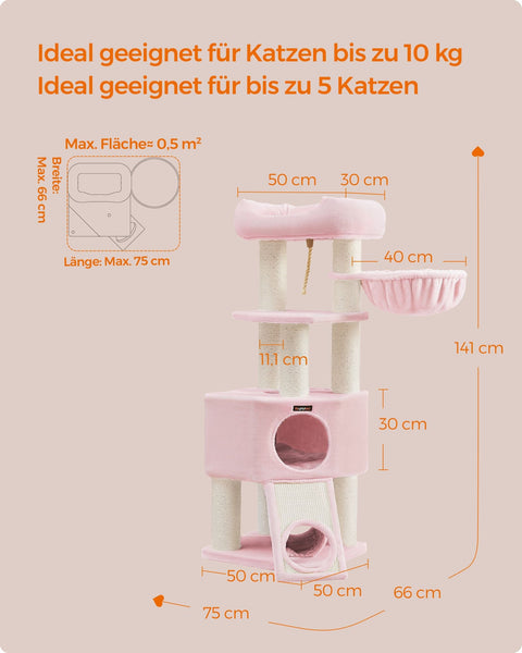 Rootz Scratching Post - Cat Tree - Climbing Frame - Chipboard & Plush - 50cm x 50cm x 141cm - Ideal for Multiple Cats - 22.3kg