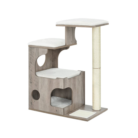 Rootz Cat Scratching Post - Cat Tower - Kitty Condo - Cozy Cave - Sisal Wrapped Trunk - Plush Cushions - Scratching Mat - Greige White - MDF - 66cm x 40cm x 86cm