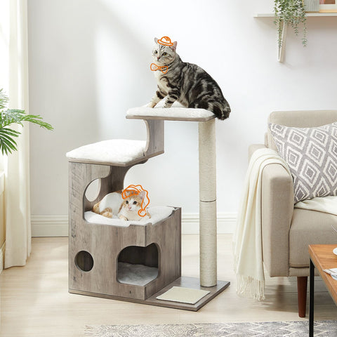 Rootz Cat Scratching Post - Cat Tower - Kitty Condo - Cozy Cave - Sisal Wrapped Trunk - Plush Cushions - Scratching Mat - Greige White - MDF - 66cm x 40cm x 86cm