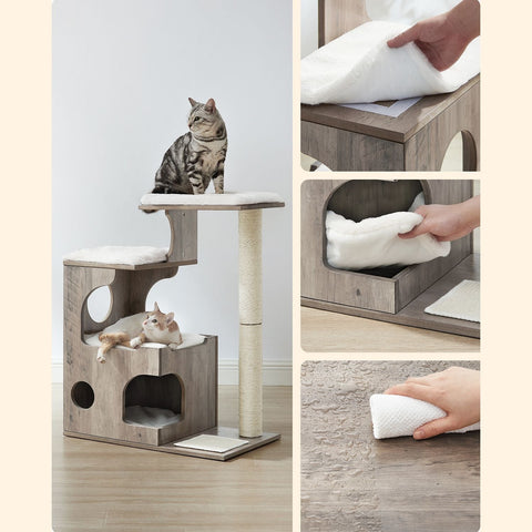 Rootz Cat Scratching Post - Cat Tower - Kitty Condo - Cozy Cave - Sisal Wrapped Trunk - Plush Cushions - Scratching Mat - Greige White - MDF - 66cm x 40cm x 86cm