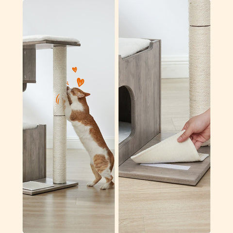 Rootz Cat Scratching Post - Cat Tower - Kitty Condo - Cozy Cave - Sisal Wrapped Trunk - Plush Cushions - Scratching Mat - Greige White - MDF - 66cm x 40cm x 86cm