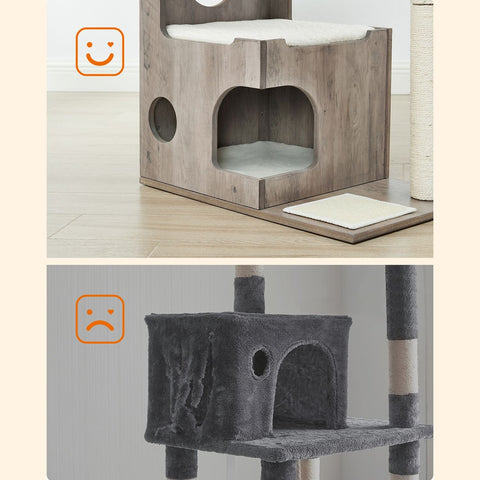 Rootz Cat Scratching Post - Cat Tower - Kitty Condo - Cozy Cave - Sisal Wrapped Trunk - Plush Cushions - Scratching Mat - Greige White - MDF - 66cm x 40cm x 86cm