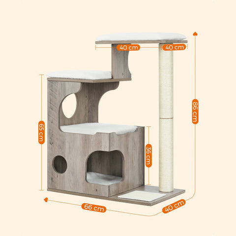 Rootz Cat Scratching Post - Cat Tower - Kitty Condo - Cozy Cave - Sisal Wrapped Trunk - Plush Cushions - Scratching Mat - Greige White - MDF - 66cm x 40cm x 86cm