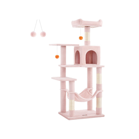 Rootz Cat Scratching Post - Kitty Tree - Cat Tower - Chipboard Plush Sisal - 55cm x 45cm x 143cm - Pastel Pink - Sturdy Construction - Multiple Cats - Easy Assembly
