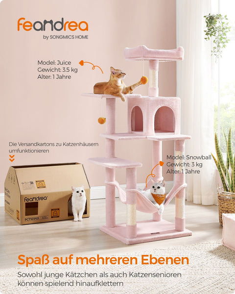 Rootz Cat Scratching Post - Kitty Tree - Cat Tower - Chipboard Plush Sisal - 55cm x 45cm x 143cm - Pastel Pink - Sturdy Construction - Multiple Cats - Easy Assembly