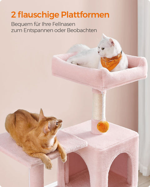 Rootz Cat Scratching Post - Kitty Tree - Cat Tower - Chipboard Plush Sisal - 55cm x 45cm x 143cm - Pastel Pink - Sturdy Construction - Multiple Cats - Easy Assembly