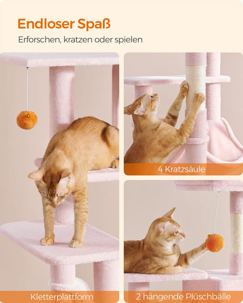 Rootz Cat Scratching Post - Kitty Tree - Cat Tower - Chipboard Plush Sisal - 55cm x 45cm x 143cm - Pastel Pink - Sturdy Construction - Multiple Cats - Easy Assembly