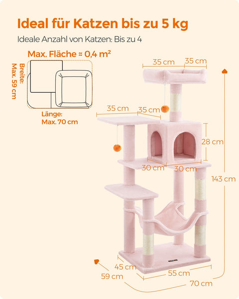 Rootz Cat Scratching Post - Kitty Tree - Cat Tower - Chipboard Plush Sisal - 55cm x 45cm x 143cm - Pastel Pink - Sturdy Construction - Multiple Cats - Easy Assembly