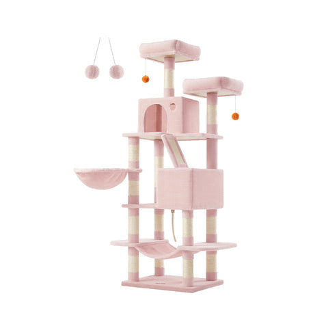 Rootz Pastel Pink Cat Scratching Post - Cat Tree - Cat Climber - Chipboard Plush Sisal - 65kg Load Capacity - 55cm x 45cm x 168cm