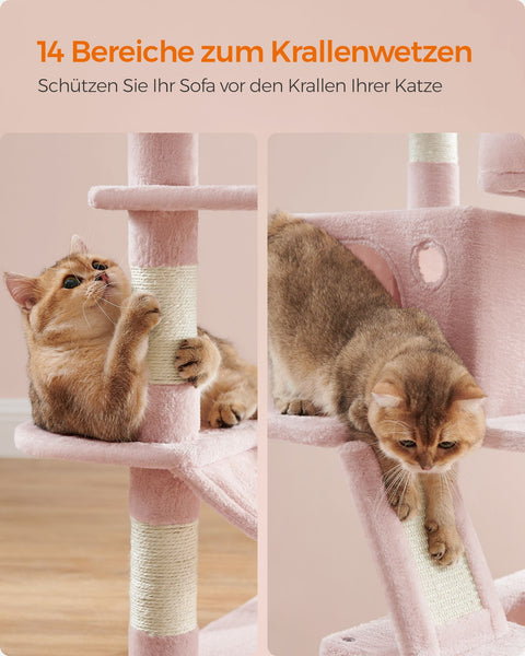 Rootz Pastel Pink Cat Scratching Post - Cat Tree - Cat Climber - Chipboard Plush Sisal - 65kg Load Capacity - 55cm x 45cm x 168cm
