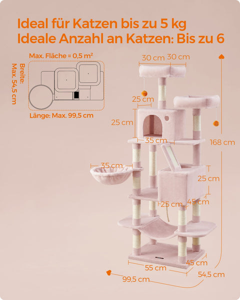 Rootz Pastel Pink Cat Scratching Post - Cat Tree - Cat Climber - Chipboard Plush Sisal - 65kg Load Capacity - 55cm x 45cm x 168cm