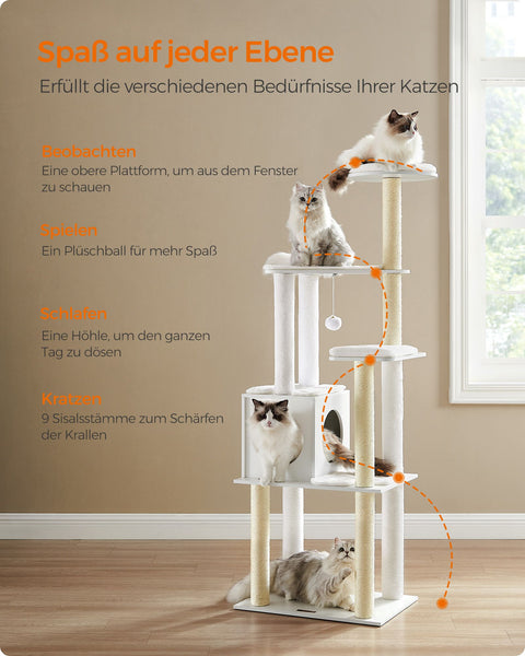 Rootz Large Cat Scratching Post - Cat Tree - Cat Scratcher - Chipboard - Plush - Sisal - 58cm x 40cm x 165cm