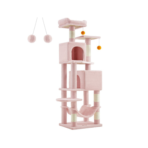 Rootz Pastel Pink Cat Scratching Post - Cat Tree - Cat Climber - Chipboard - Plush - Sisal - 49cm x 40cm x 155cm - 14.1kg - 78kg Max Load Capacity