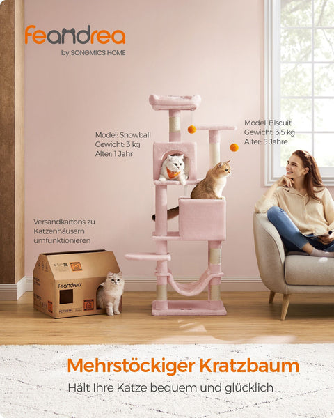 Rootz Pastel Pink Cat Scratching Post - Cat Tree - Cat Climber - Chipboard - Plush - Sisal - 49cm x 40cm x 155cm - 14.1kg - 78kg Max Load Capacity