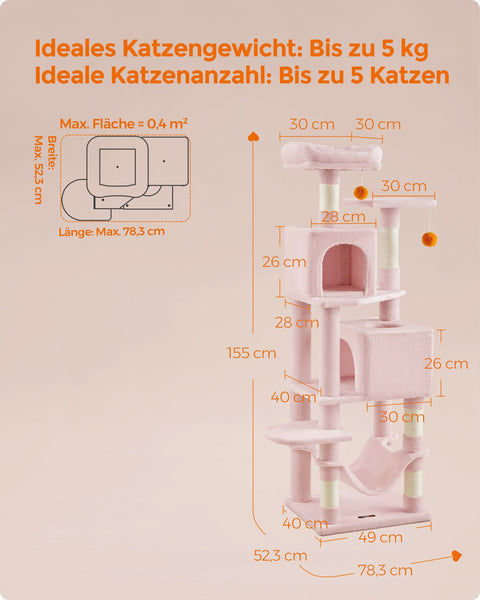 Rootz Pastel Pink Cat Scratching Post - Cat Tree - Cat Climber - Chipboard - Plush - Sisal - 49cm x 40cm x 155cm - 14.1kg - 78kg Max Load Capacity