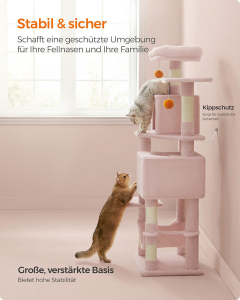 Rootz Pastel Pink Cat Scratching Post - Cat Tree - Cat Climber - Chipboard - Plush - Sisal - 49cm x 40cm x 155cm - 14.1kg - 78kg Max Load Capacity