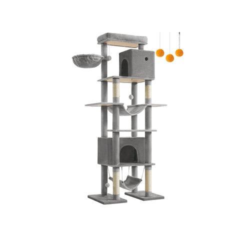 Rootz Large Cat Scratching Post - Tall Cat Tree - Scratcher - Chipboard - Plush - Sisal - 78cm x 48cm x 201cm - Light Gray Platform