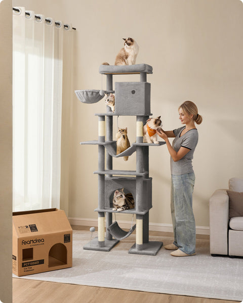Rootz Large Cat Scratching Post - Tall Cat Tree - Scratcher - Chipboard - Plush - Sisal - 78cm x 48cm x 201cm - Light Gray Platform