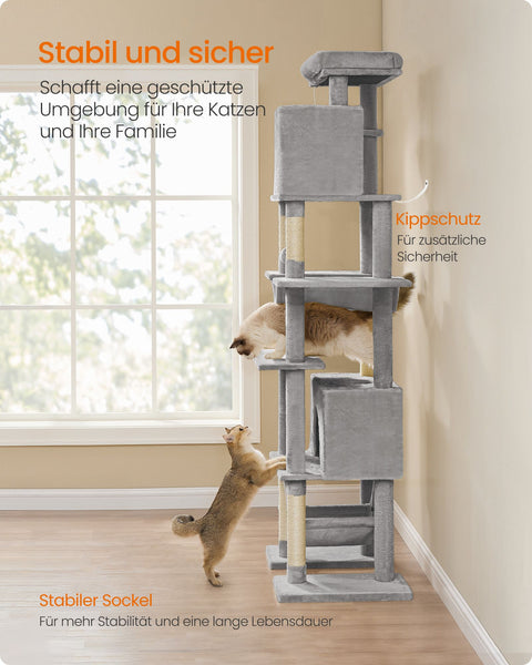 Rootz Large Cat Scratching Post - Tall Cat Tree - Scratcher - Chipboard - Plush - Sisal - 78cm x 48cm x 201cm - Light Gray Platform