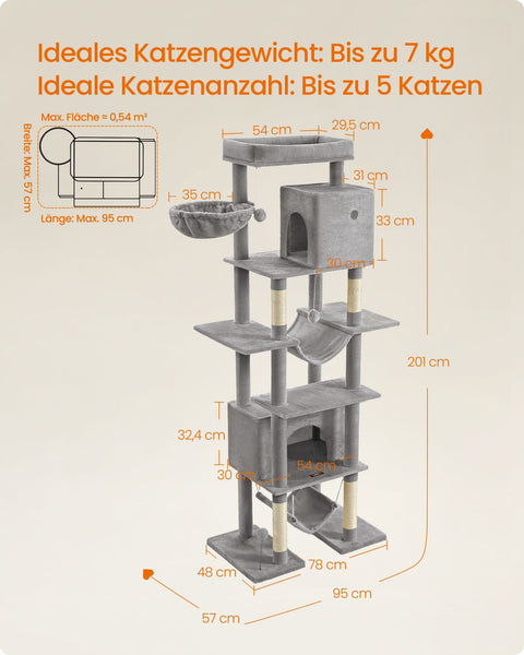 Rootz Large Cat Scratching Post - Tall Cat Tree - Scratcher - Chipboard - Plush - Sisal - 78cm x 48cm x 201cm - Light Gray Platform