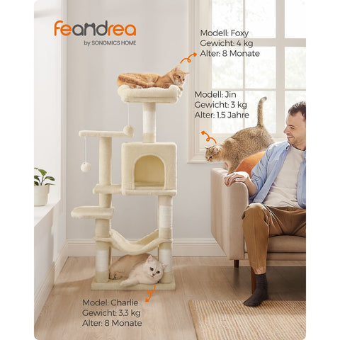Rootz Cat Scratching Post - Cat Tree - Cat Climbing Frame - Chipboard Construction - Plush Covering - Sisal Rope - 45cm x 35cm x 112cm