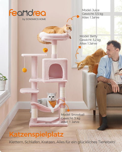 Rootz Jelly Pink Cat Scratching Post - Cat Tree - Cat Climbing Frame - Chipboard Plush Sisal - 45cm x 35cm x 112cm - Sturdy Construction - Multi-Cat Household - Easy Assembly