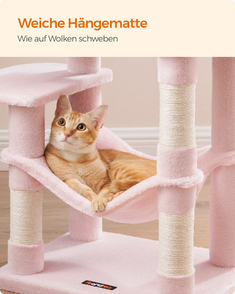 Rootz Jelly Pink Cat Scratching Post - Cat Tree - Cat Climbing Frame - Chipboard Plush Sisal - 45cm x 35cm x 112cm - Sturdy Construction - Multi-Cat Household - Easy Assembly