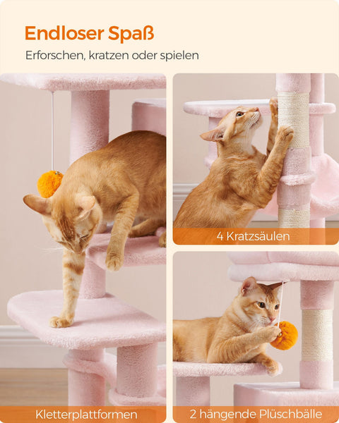 Rootz Jelly Pink Cat Scratching Post - Cat Tree - Cat Climbing Frame - Chipboard Plush Sisal - 45cm x 35cm x 112cm - Sturdy Construction - Multi-Cat Household - Easy Assembly