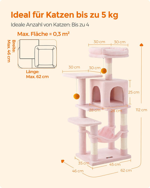 Rootz Jelly Pink Cat Scratching Post - Cat Tree - Cat Climbing Frame - Chipboard Plush Sisal - 45cm x 35cm x 112cm - Sturdy Construction - Multi-Cat Household - Easy Assembly