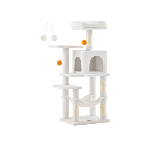 Rootz Cat Scratching Post - Cream White Cat Tree - Cat Climbing Tower - Chipboard Plush Sisal - 45cm x 35cm x 112cm - Sturdy Construction - Multiple Cats - Easy Assembly